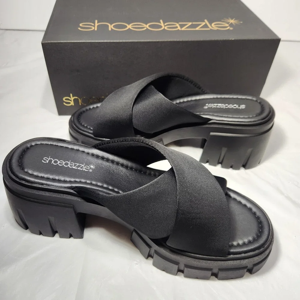 Shoe Dazzle Womens Chunky Wedge Sandal Slip On Slides Size 8.5‎ Black